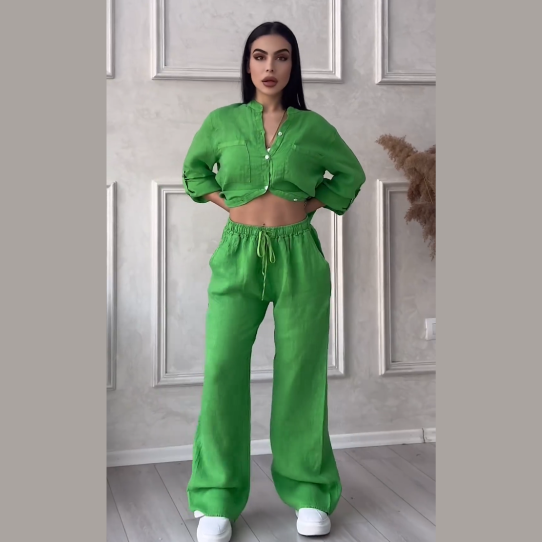 Conjunto de camisas e calças de linho feminino