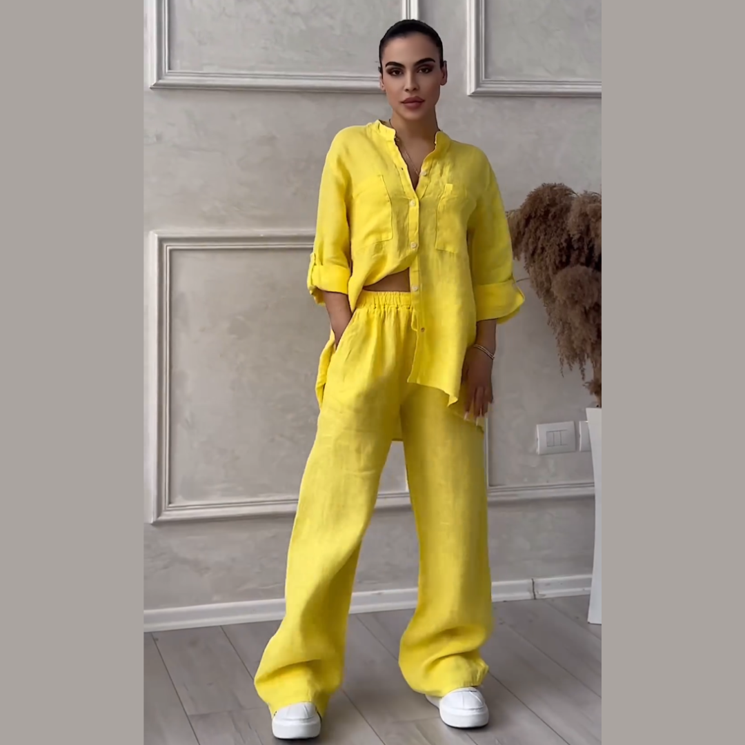 Conjunto de camisas e calças de linho feminino