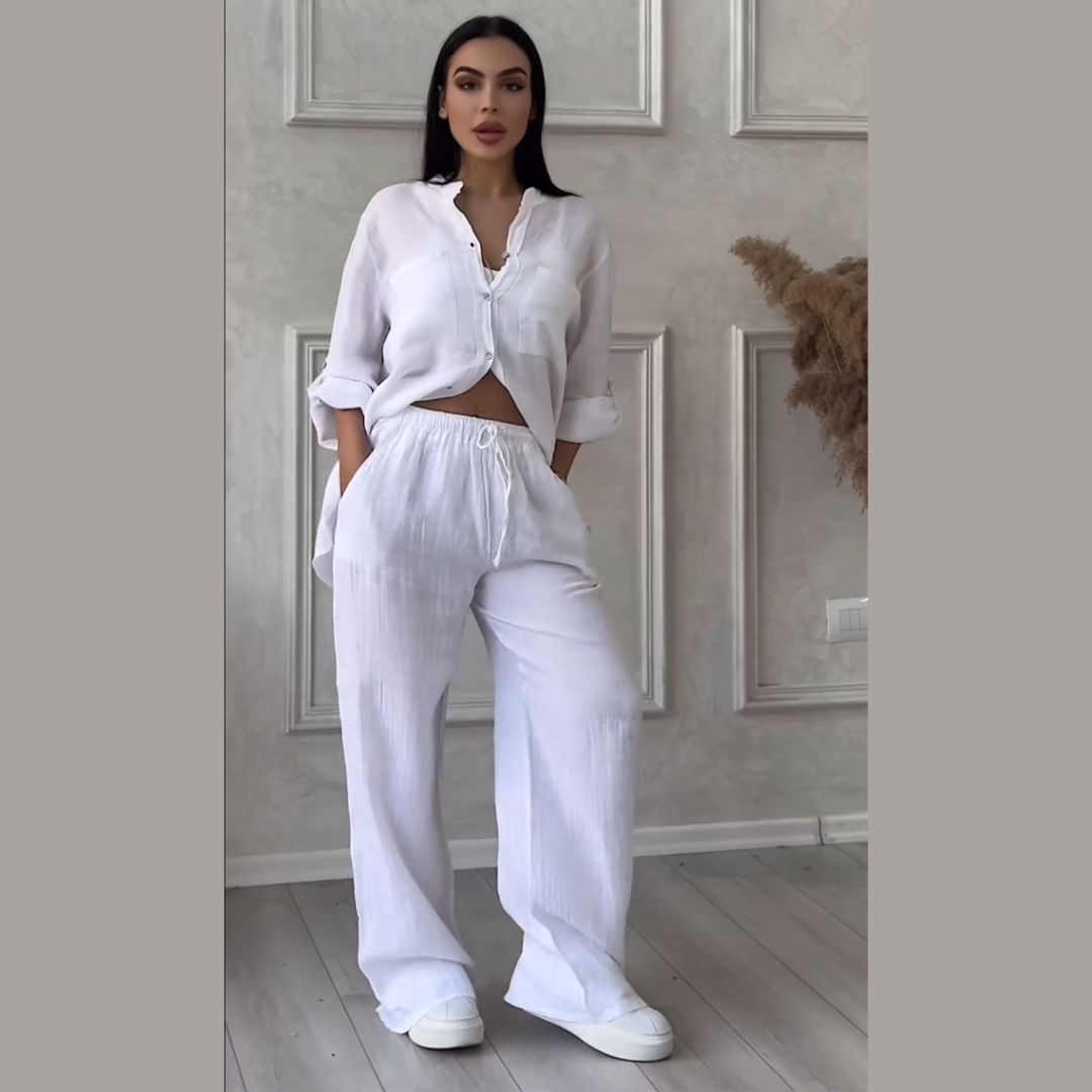Conjunto de camisas e calças de linho feminino