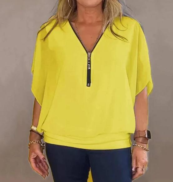 Blusa de Chiffon Europeu com gola alta e zíper.