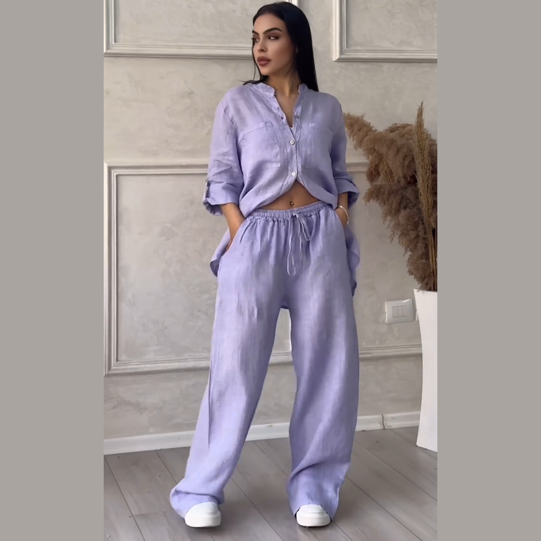 Conjunto de camisas e calças de linho feminino