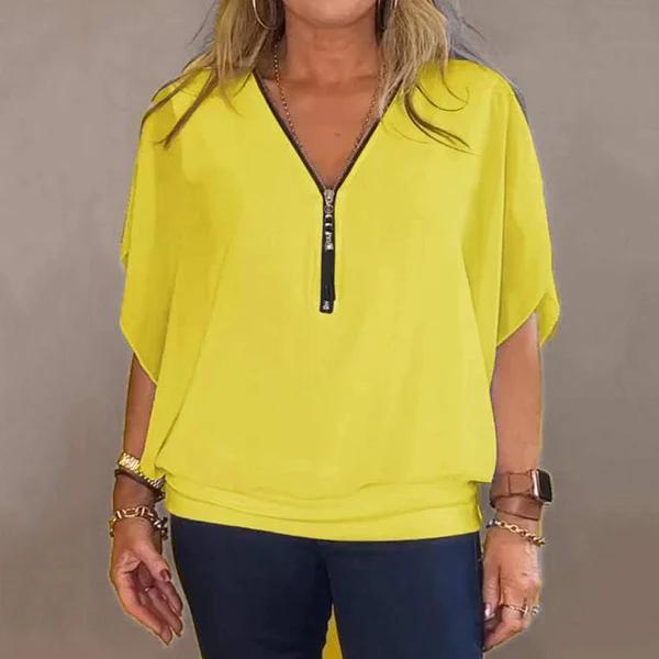 Blusa de Chiffon Europeu com gola alta e zíper.