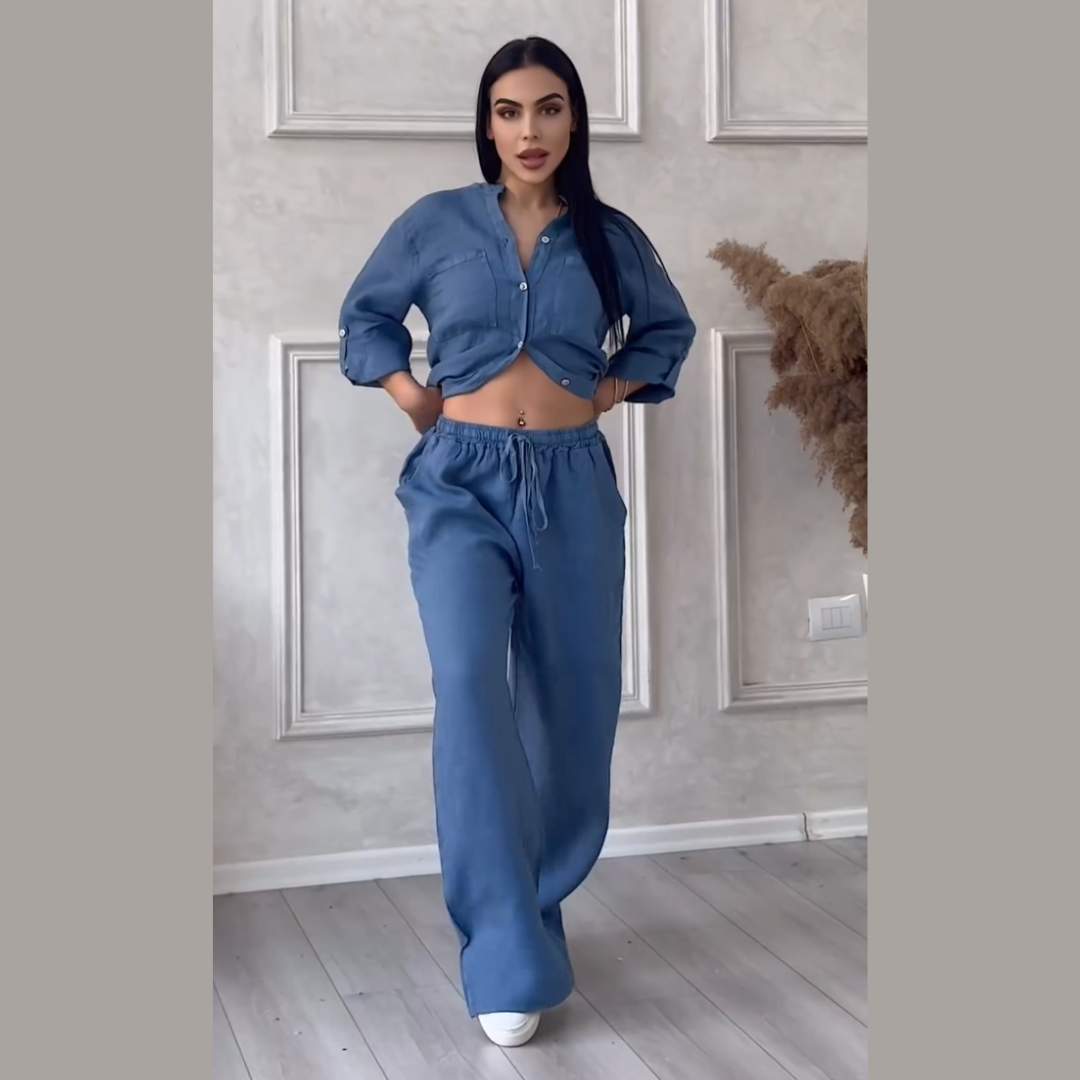 Conjunto de camisas e calças de linho feminino