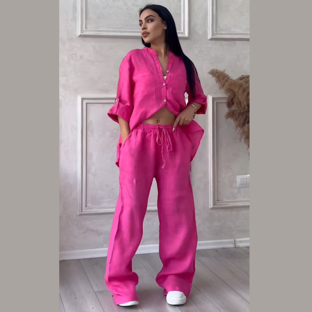 Conjunto de camisas e calças de linho feminino
