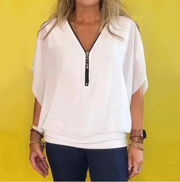 Blusa de Chiffon Europeu com gola alta e zíper.