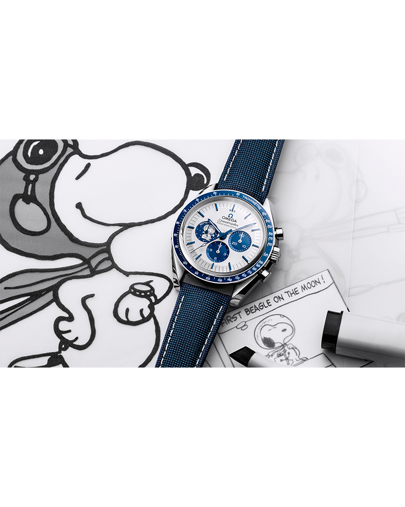 Speedmaster Série de aniversário Snoopy Award (42 mm, aço em bracelete de tecido de nylon revestido) +Caixa e Certificado