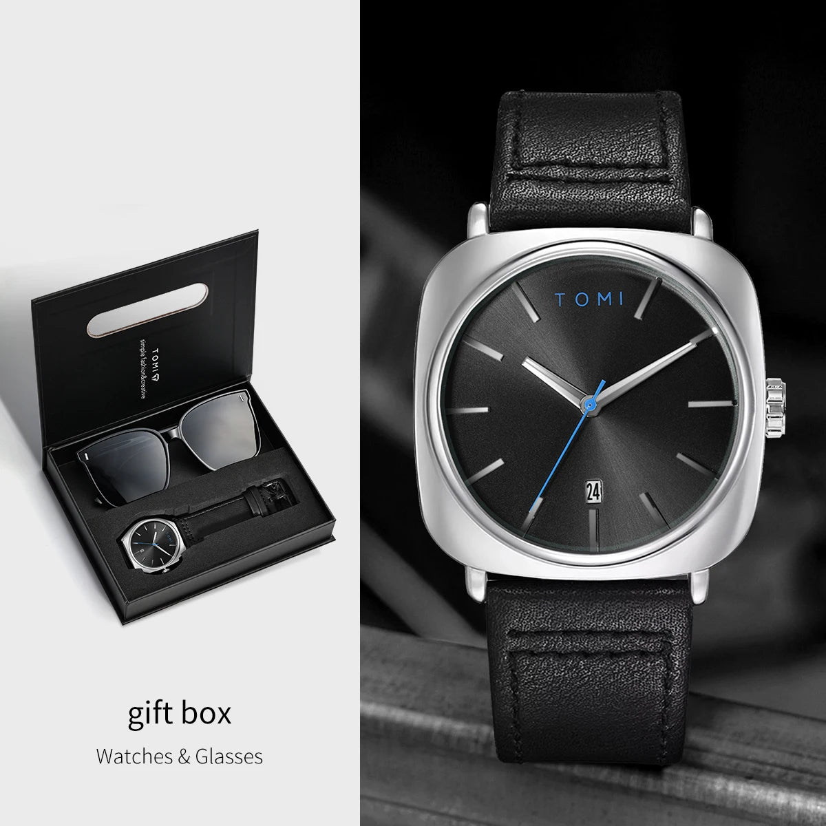 TOMI 2PCS Men Casual Fashion Watch Glasses Gift Set Classic Simple Square Case Men Quartz Watch Watch Clock Gift Set Reloj