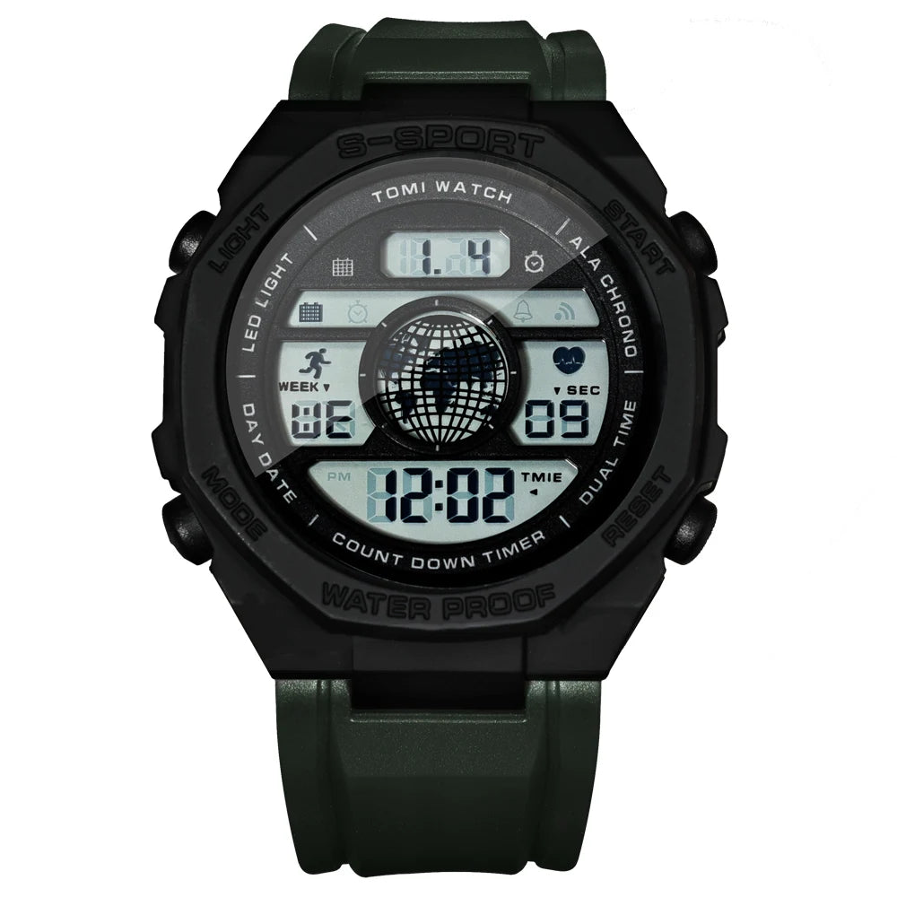 TOMI New Night Light Digital Men Electronic Watch Dual Display Outdoor Waterproof Military Sports Electronic Watch Student Watch