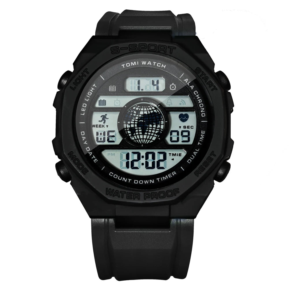 TOMI New Night Light Digital Men Electronic Watch Dual Display Outdoor Waterproof Military Sports Electronic Watch Student Watch