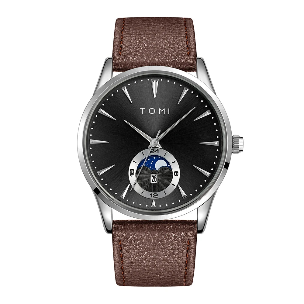 TOMI Men Luxury Leather Strap Watch Business and Leisure Large Dial Calendar Men Quartz Watch Relogio Masculino