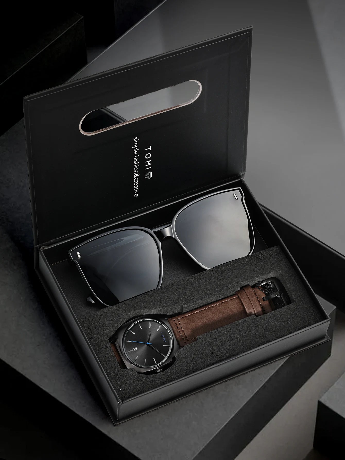TOMI 2PCS Men Casual Fashion Watch Glasses Gift Set Classic Simple Square Case Men Quartz Watch Watch Clock Gift Set Reloj