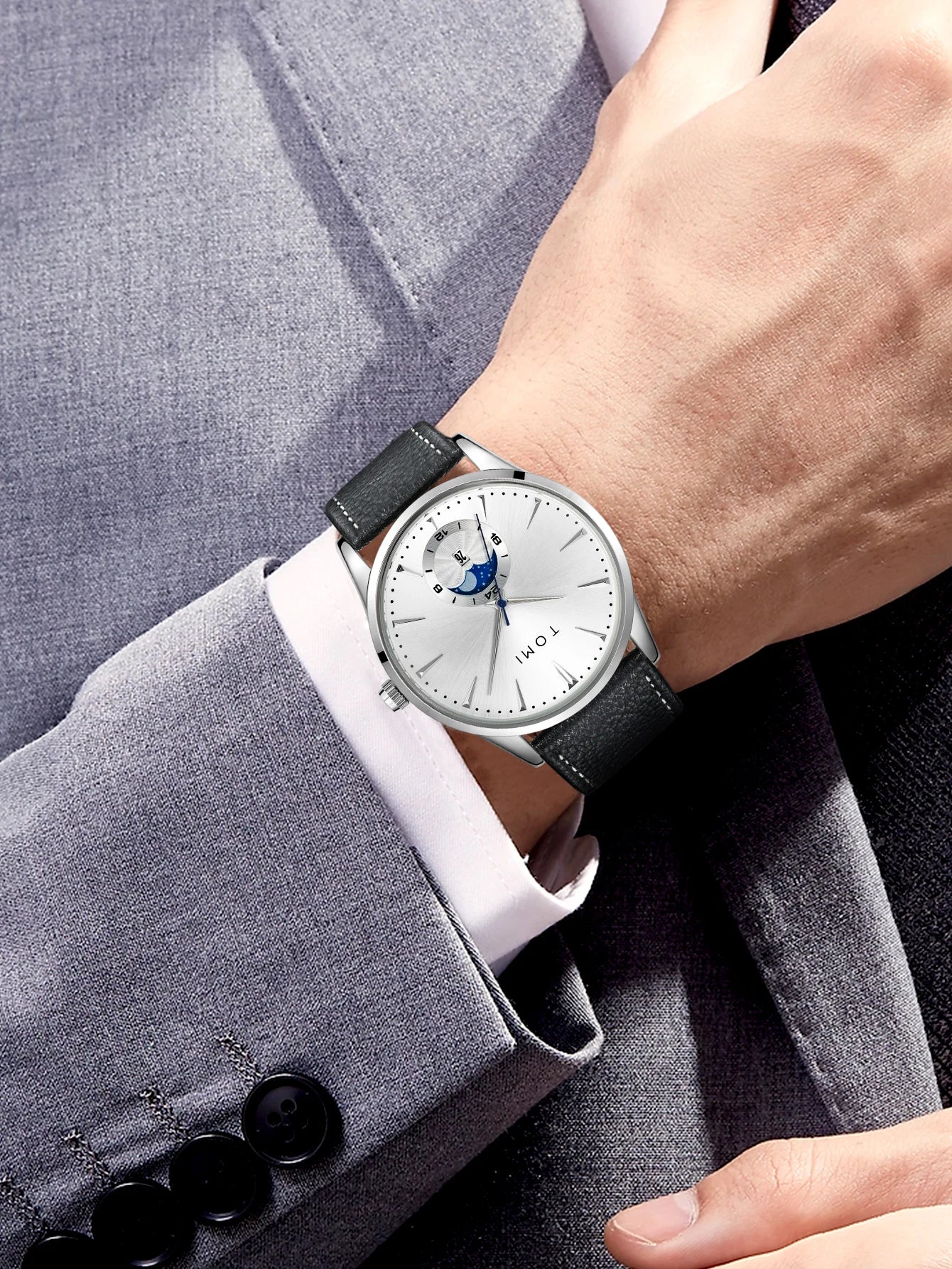 TOMI Men Luxury Leather Strap Watch Business and Leisure Large Dial Calendar Men Quartz Watch Relogio Masculino