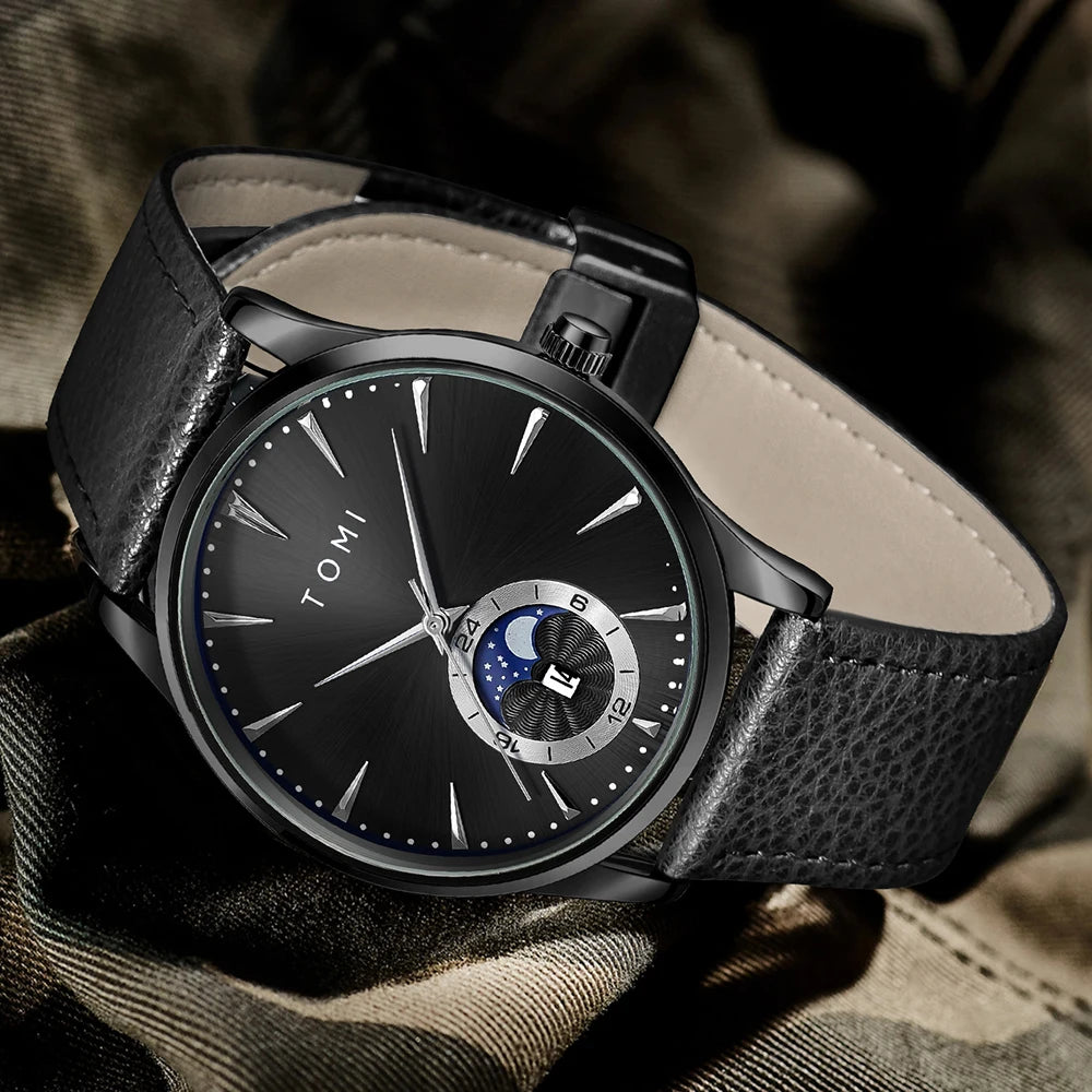 TOMI Men Luxury Leather Strap Watch Business and Leisure Large Dial Calendar Men Quartz Watch Relogio Masculino