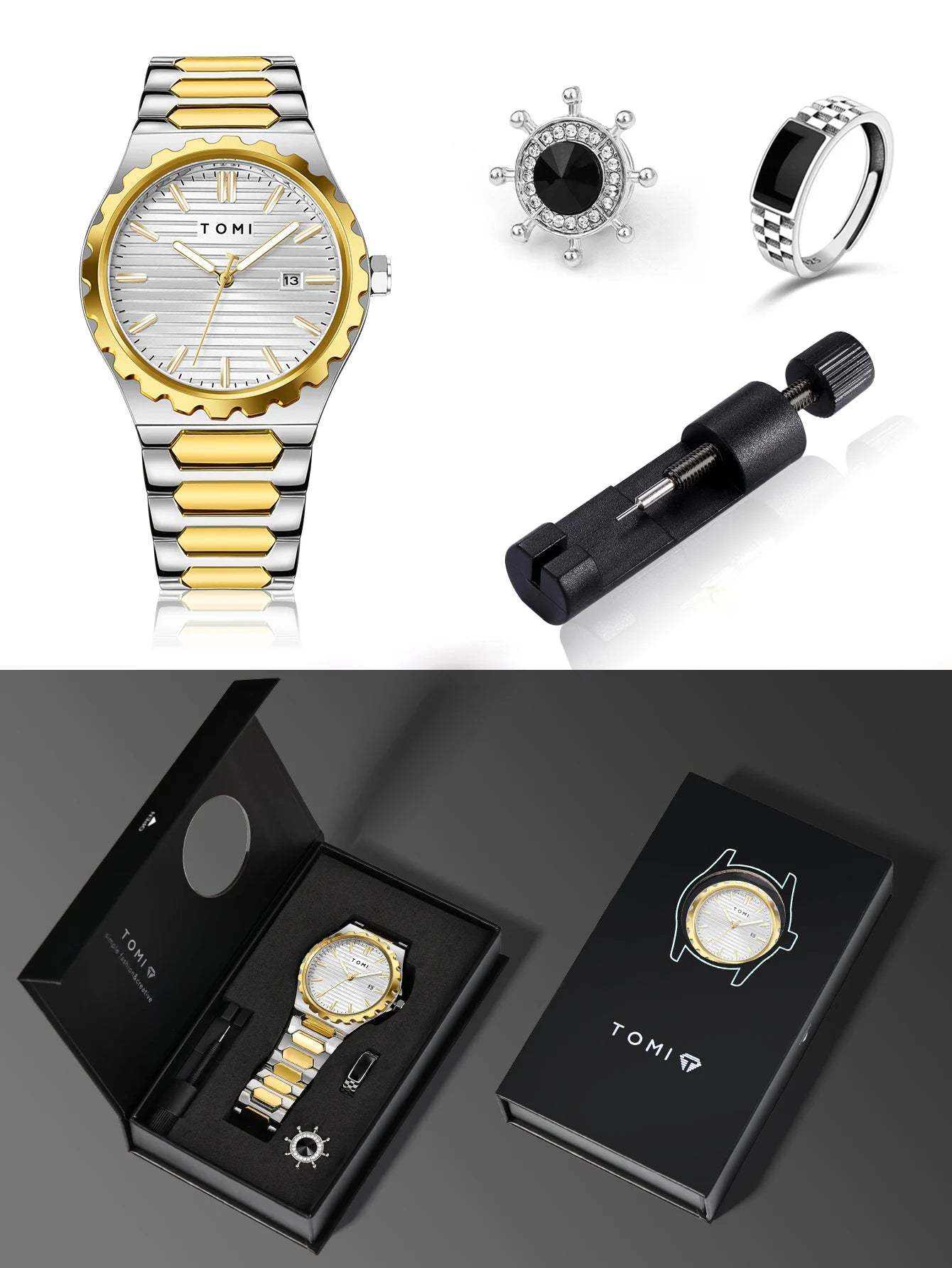 TOMI New 4PCS Luxury Men Watch Gift Set High Quality Steel Strip Striped Dial Calendar Men Quartz Watch Clock Gifts Reloj