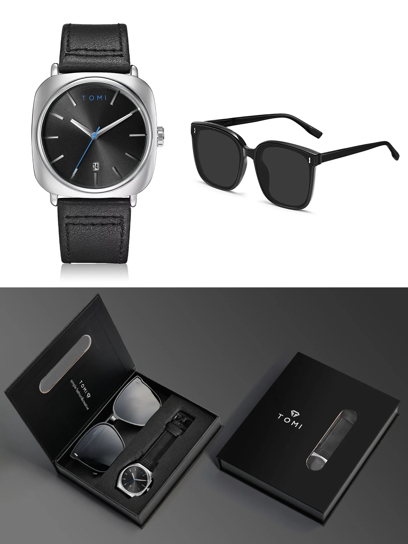 TOMI 2PCS Men Casual Fashion Watch Glasses Gift Set Classic Simple Square Case Men Quartz Watch Watch Clock Gift Set Reloj