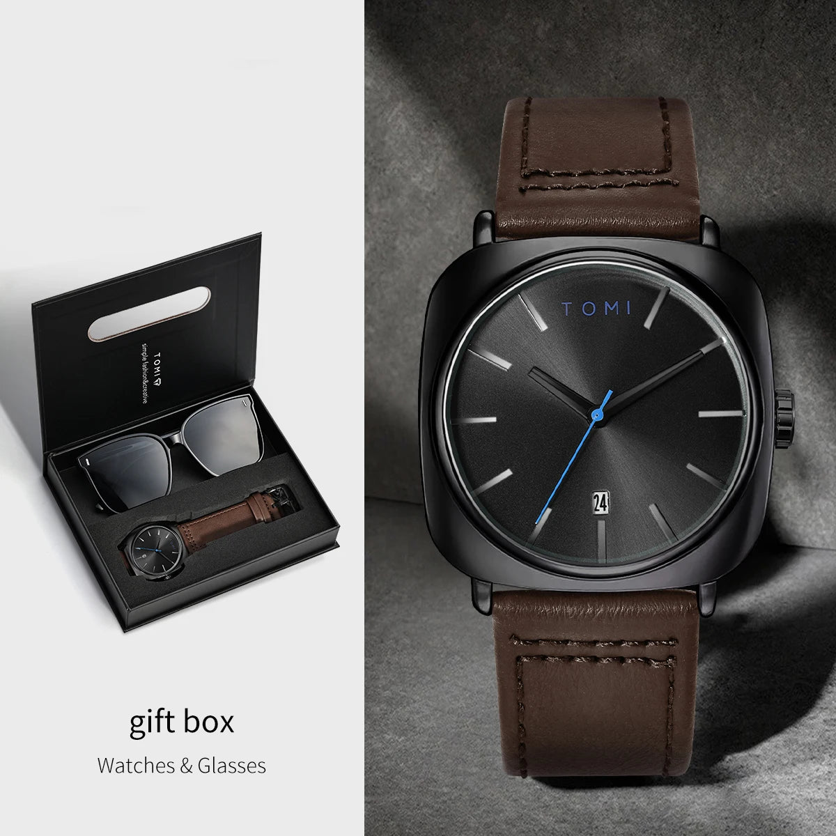 TOMI 2PCS Men Casual Fashion Watch Glasses Gift Set Classic Simple Square Case Men Quartz Watch Watch Clock Gift Set Reloj