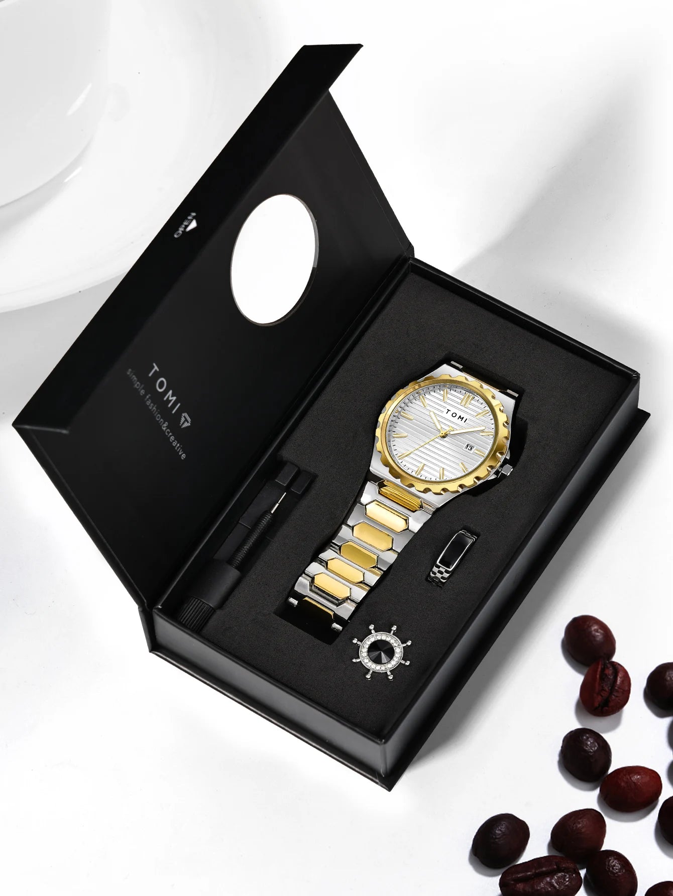 TOMI New 4PCS Luxury Men Watch Gift Set High Quality Steel Strip Striped Dial Calendar Men Quartz Watch Clock Gifts Reloj