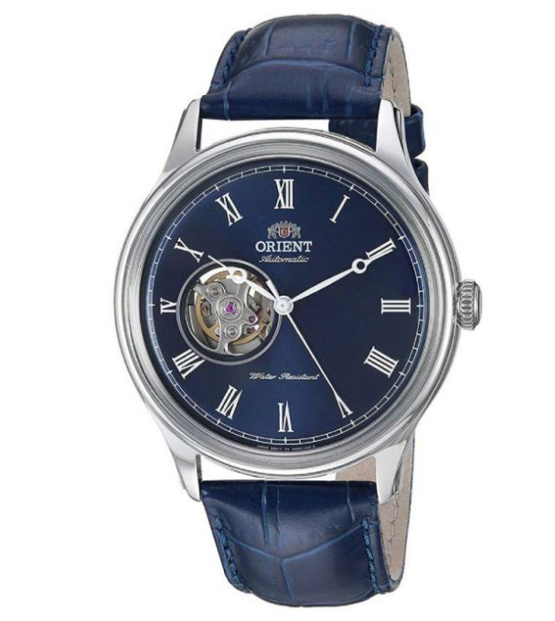 Orient Relógio automático de aço inoxidável e couro "Bambino Open Heart"