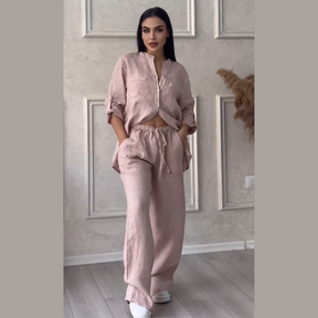 Conjunto de camisas e calças de linho feminino