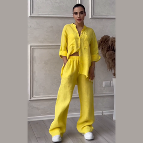 Conjunto de camisas e calças de linho feminino