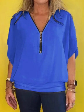Blusa de Chiffon Europeu com gola alta e zíper.