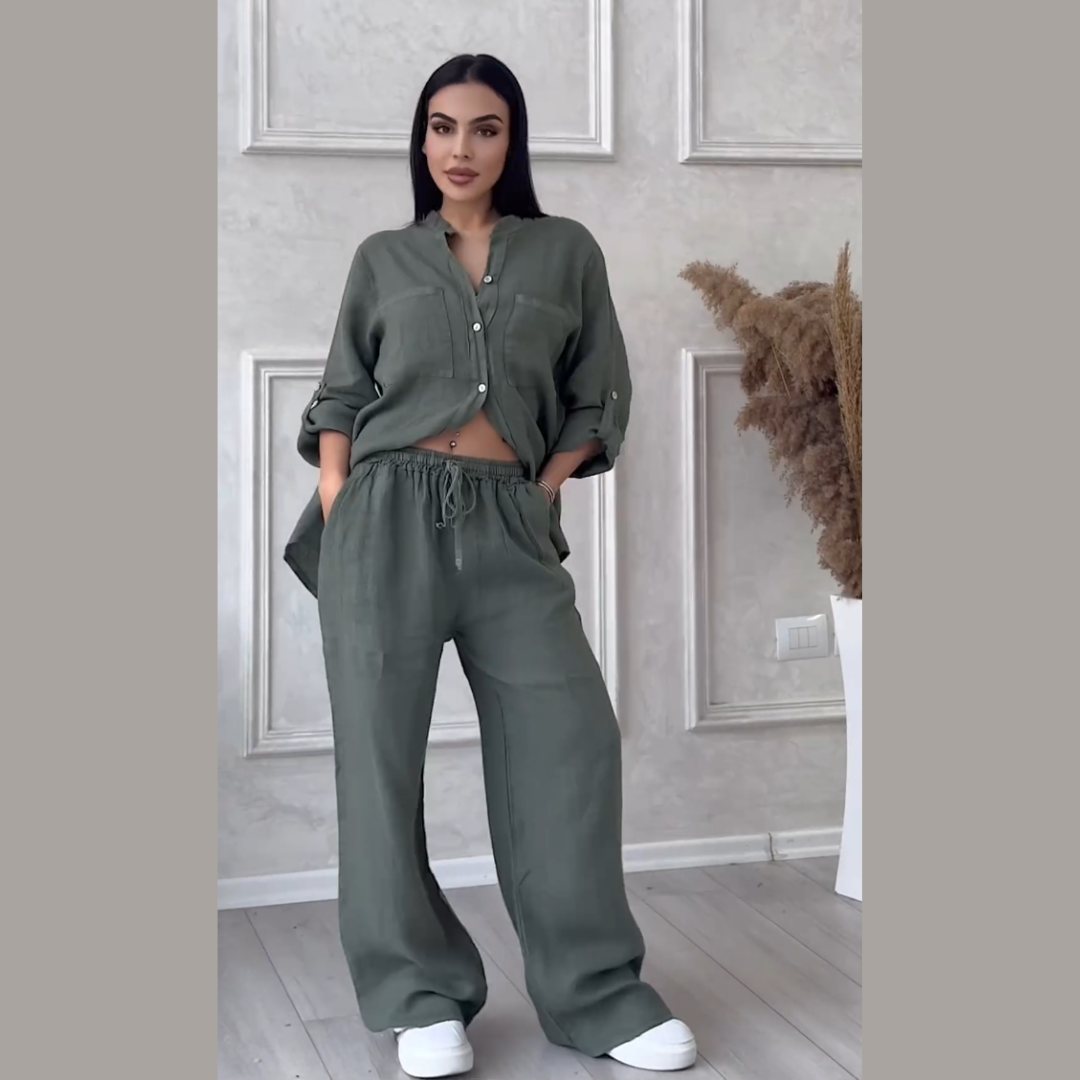Conjunto de camisas e calças de linho feminino