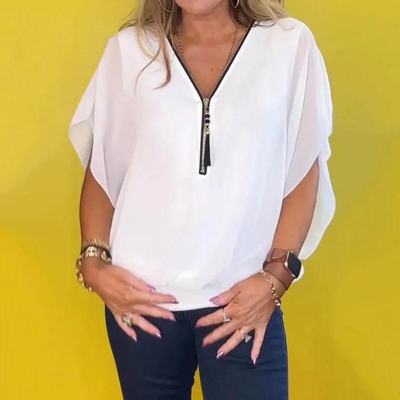 Blusa de Chiffon Europeu com gola alta e zíper.