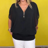 Blusa de Chiffon Europeu com gola alta e zíper.