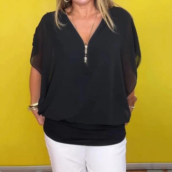 Blusa de Chiffon Europeu com gola alta e zíper.