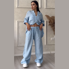 Conjunto de camisas e calças de linho feminino