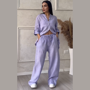 Conjunto de camisas e calças de linho feminino