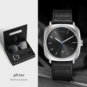 TOMI 2PCS Men Casual Fashion Watch Glasses Gift Set Classic Simple Square Case Men Quartz Watch Watch Clock Gift Set Reloj