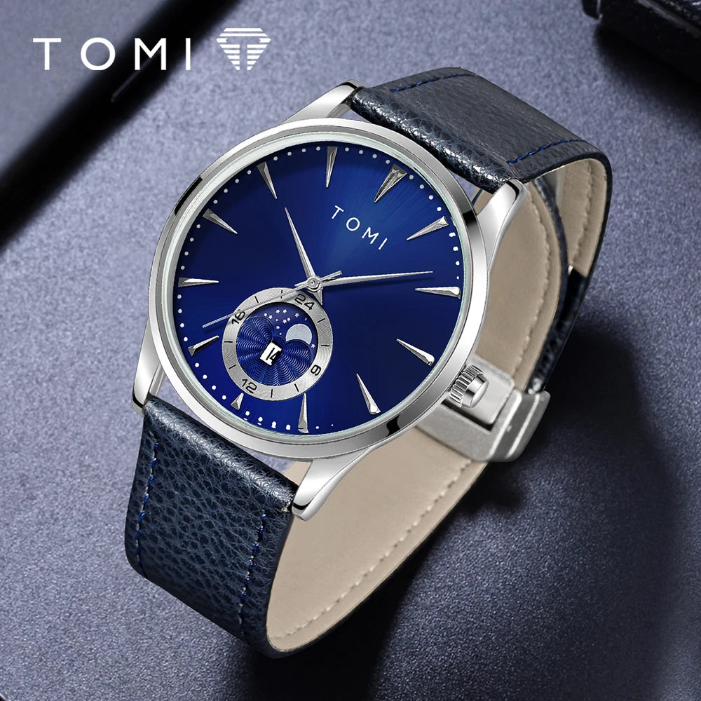 TOMI Men Luxury Leather Strap Watch Business and Leisure Large Dial Calendar Men Quartz Watch Relogio Masculino