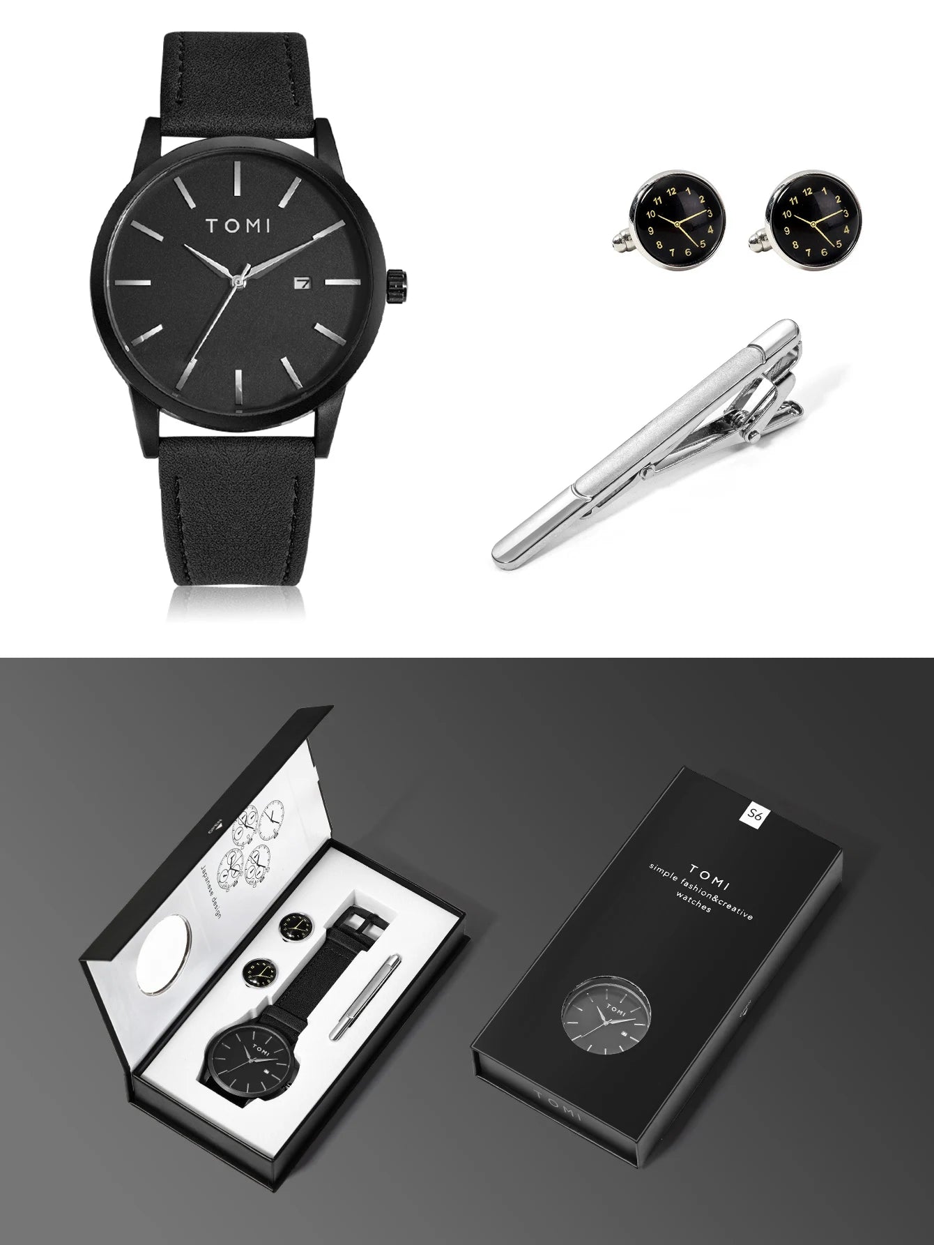 Hot Selling TOMI Men's 4PCS Gift Box Set Watch Minimalist Casual Men's Quartz Watch Tie Clip Sleeve Buckle Clock Gift Relojes