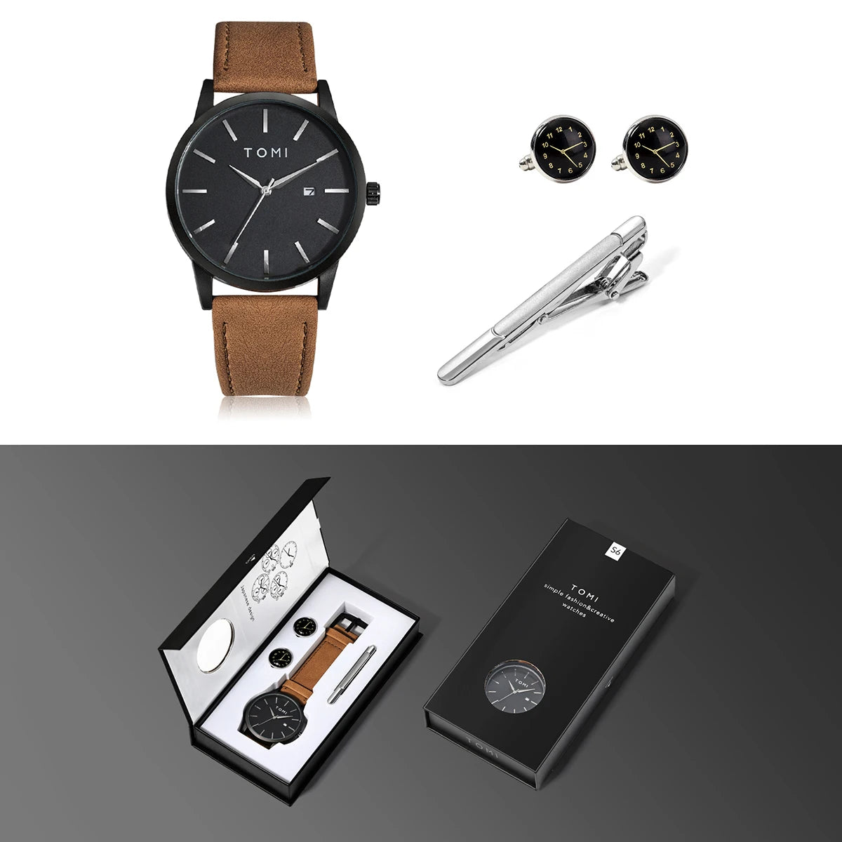 Hot Selling TOMI Men's 4PCS Gift Box Set Watch Minimalist Casual Men's Quartz Watch Tie Clip Sleeve Buckle Clock Gift Relojes