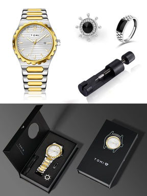 TOMI New 4PCS Luxury Men Watch Gift Set High Quality Steel Strip Striped Dial Calendar Men Quartz Watch Clock Gifts Reloj