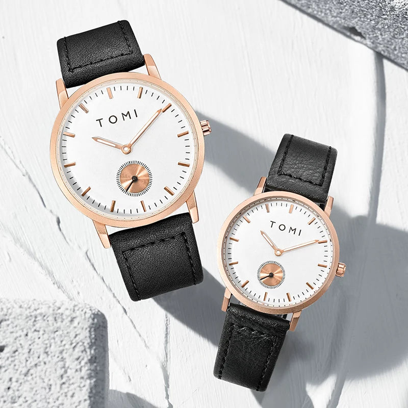 TOMI Classic Simple Couple Quartz Watch Leather Strap Rose Gold Fashion Men's And Women's Watch Casual Business Watch Clock Gift
