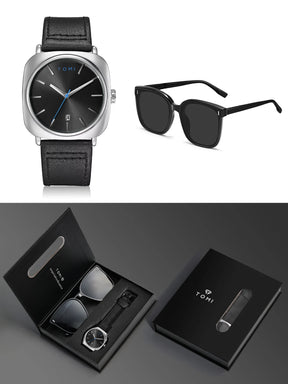 TOMI 2PCS Men Casual Fashion Watch Glasses Gift Set Classic Simple Square Case Men Quartz Watch Watch Clock Gift Set Reloj