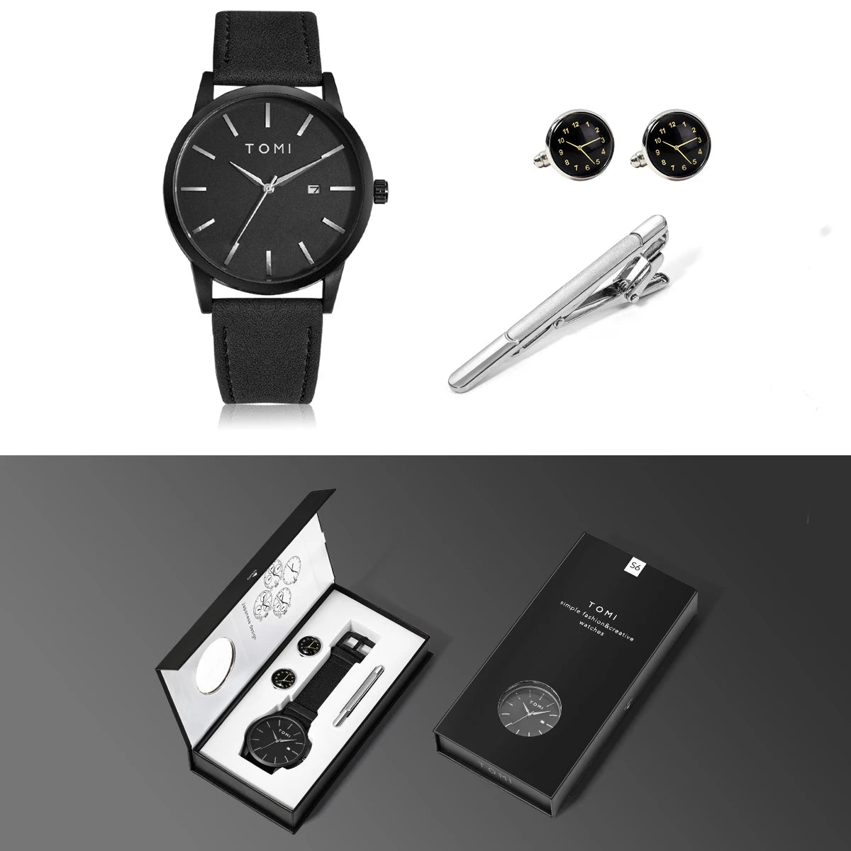 Hot Selling TOMI Men's 4PCS Gift Box Set Watch Minimalist Casual Men's Quartz Watch Tie Clip Sleeve Buckle Clock Gift Relojes