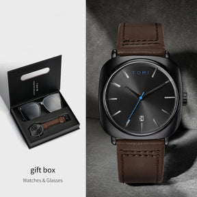 TOMI 2PCS Men Casual Fashion Watch Glasses Gift Set Classic Simple Square Case Men Quartz Watch Watch Clock Gift Set Reloj