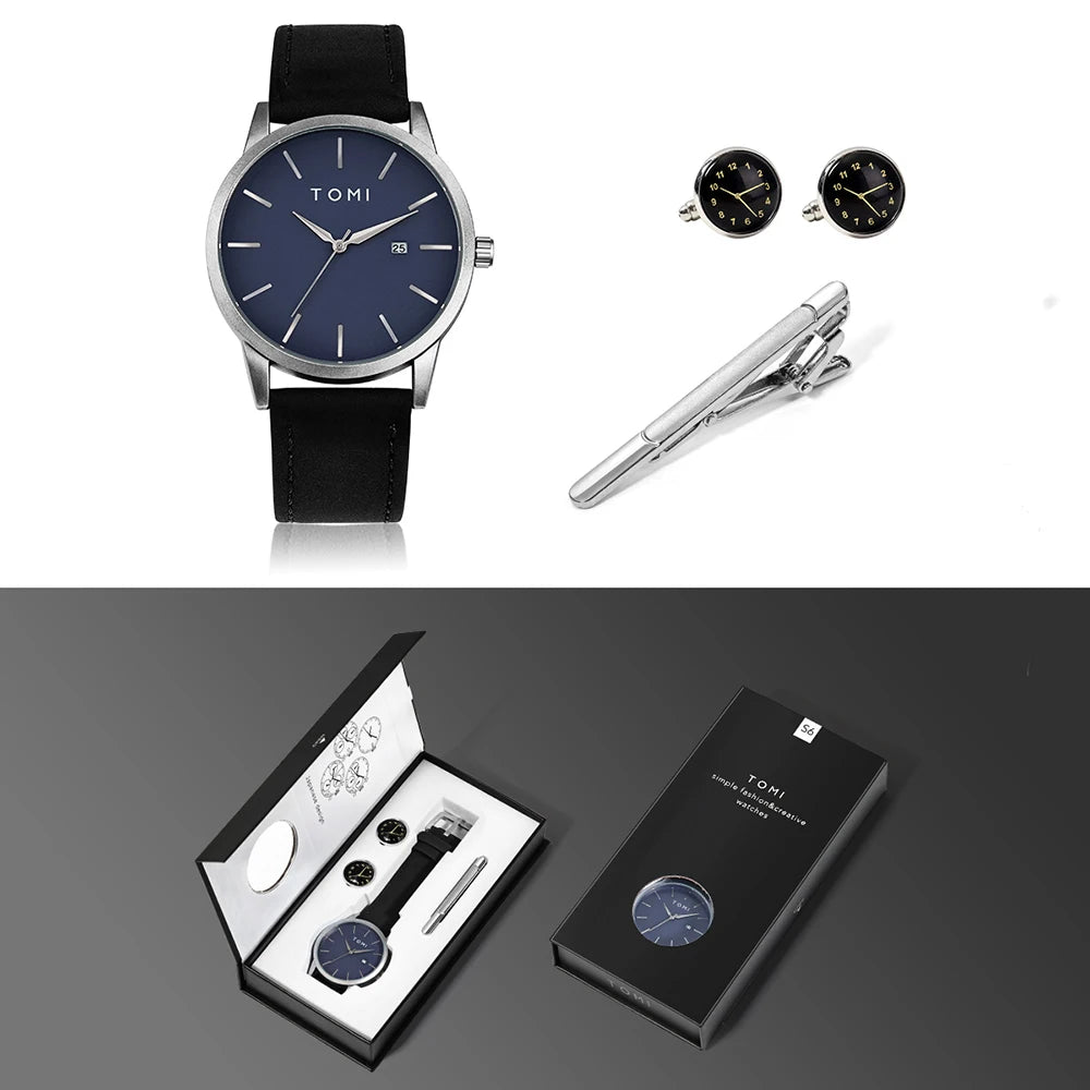 Hot Selling TOMI Men's 4PCS Gift Box Set Watch Minimalist Casual Men's Quartz Watch Tie Clip Sleeve Buckle Clock Gift Relojes