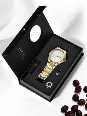 TOMI New 4PCS Luxury Men Watch Gift Set High Quality Steel Strip Striped Dial Calendar Men Quartz Watch Clock Gifts Reloj